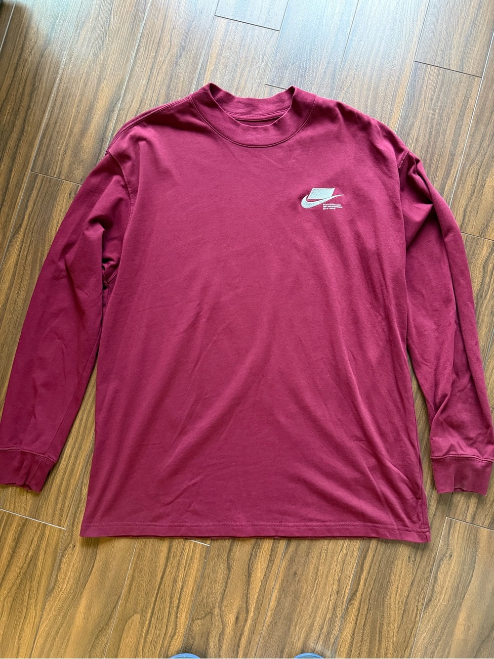 Nike Long Sleeve Crewneck Shirt - Burgundy with White Swoosh